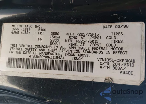 1998 Toyota Tacoma Prerunner V6 z USA, uszkodzony, nr VIN 4TASN92NXWZ119424